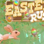 Królik biegnący po lesie z wielkanocnymi jajkami wokół i napisem Easter Rush w tle