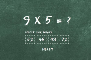 Równanie matematyczne 9 x 5 z wyborem odpowiedzi na zielonej tablicy: 52, 45, 43, 72