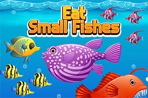 Kolorowe ryby pływające w oceanie z kolorowym napisem Eat Small Fishes na niebieskim tle