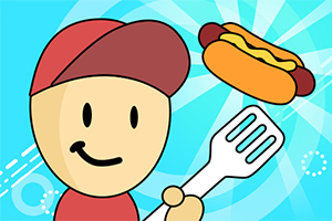 Kreskówkowa postać w czerwonej czapce obracająca hot doga łopatką na tle niebieskich okręgów i promieni