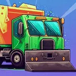 Zielono-pomarańczowa wywrotka ze śnieżnym pługiem na niebieskim tle w stylu kreskówkowym