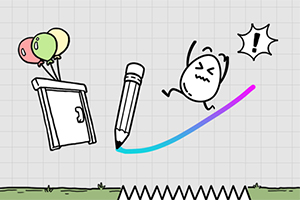 Balony unoszące drzwi, duży ołówek, skacząca postać z wykrzyknikiem nad głową oraz pułapka z kolcami na dole