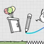 Balony unoszące drzwi, duży ołówek, skacząca postać z wykrzyknikiem nad głową oraz pułapka z kolcami na dole