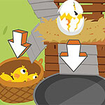 Pękające jajko na sianie, z trzema białymi strzałkami wskazującymi w stronę koszyka z pisklętami, patelni i zielonego wiadra