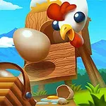 Kogut stojący przy wiejskim kurniku, z jajkiem spadającym do wiklinowego koszyka na tle gór i błękitnego nieba