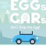 Niebieski samochód z jajkiem na dachu na tle lasu, z napisem EGGs & CARs Dont Drop the Egg!