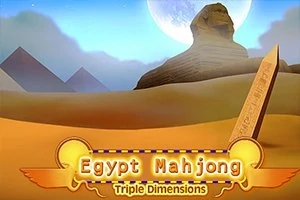 Pustynny krajobraz z piramidami, Sfinksem i egipskim obeliskiem, z napisem Egypt Mahjong Triple Dimensions