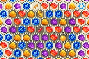 Hexagonal siatka z kolorowymi symbolami w odcieniach czerwieni, niebieskiego, fioletu i pomarańczu