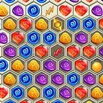 Hexagonal siatka z kolorowymi symbolami w odcieniach czerwieni, niebieskiego, fioletu i pomarańczu