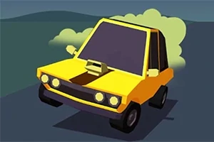 Żółty samochód w stylu kreskówkowym z ciemnymi szybami jedzie po drodze, wydzielając smugi dymu