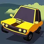 Żółty samochód w stylu kreskówkowym z ciemnymi szybami jedzie po drodze, wydzielając smugi dymu