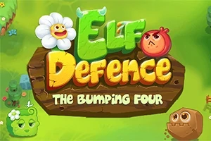 Napis Elf Defence: The Bumping Four na tle zielonego krajobrazu z rysunkowymi postaciami, w tym kwiatem i czerwonym owocem