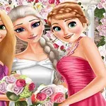 Trzy postacie z kreskówek w eleganckich sukniach, trzymające bukiety kwiatów, stojące na tle dekoracji z różowych i białych kwiatów