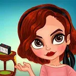 Postać z kreskówki w stylowej sukience z krótkimi rudymi włosami, stojąca obok stolika z zegarem