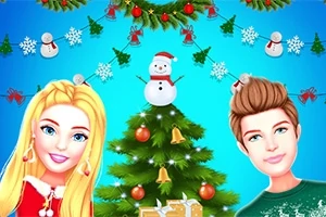 Postacie świąteczne przed udekorowaną choinką z ozdobami i bałwankami na niebieskim tle