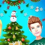 Postacie świąteczne przed udekorowaną choinką z ozdobami i bałwankami na niebieskim tle