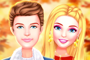 Dwie postacie z uśmiechami na twarzach, jedna z ciemnymi, krótko przystrzyżonymi włosami, a druga z długimi, blond włosami, na tle jesiennych liści