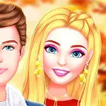 Dwie postacie z uśmiechami na twarzach, jedna z ciemnymi, krótko przystrzyżonymi włosami, a druga z długimi, blond włosami, na tle jesiennych liści