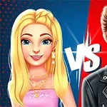 Dwóch rysunkowych bohaterów, kobieta z długimi blond włosami i mężczyzna z brązowymi włosami, z napisem VS między nimi na tle niebiesko-czerwonym