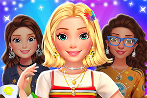 Trzy uśmiechnięte postacie: blondynka na pierwszym planie i dwie brunetki w tle, w kolorowych ubraniach, ozdobione biżuterią, na gradientowym tle z gwiazdkami