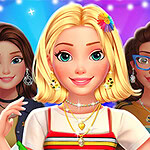 Trzy uśmiechnięte postacie: blondynka na pierwszym planie i dwie brunetki w tle, w kolorowych ubraniach, ozdobione biżuterią, na gradientowym tle z gwiazdkami