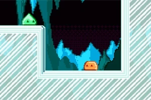 Dwa kolorowe kształty, zielony i pomarańczowy, na tle niebieskiej skalnej formacji i białych, ukośnie ułożonych linii