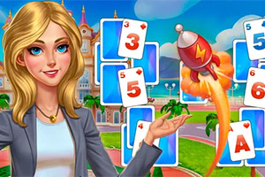 Kobieta z blond włosami stoi na tle kart i wystrzelonej rakiety w kolorowym otoczeniu