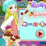 Dziewczyna z długimi blond włosami i turkusową czapką trzyma lody, a obok znajduje się kolorowe menu z napisem Emilys Ice Cream Shop, przyciskiem startu i poziomem do wyboru