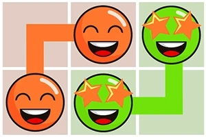 Dwa uśmiechnięte, pomarańczowe i zielone emotikony z połączonymi liniami gwiazd w oczach na kolorowym tle