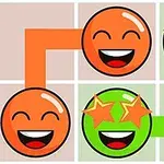 Dwa uśmiechnięte, pomarańczowe i zielone emotikony z połączonymi liniami gwiazd w oczach na kolorowym tle