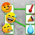 Trzy emotikony z różnymi wyrazami twarzy i przedmiotami, połączone liniami z ikonami termometru, rogu imprezowego i kropli wody na szarym tle