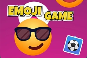 Emotikon z okularami przeciwsłonecznymi na fioletowym tle z napisem EMOJI GAME oraz małą grafiką piłki nożnej