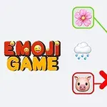 Kolorowe litery z napisem Emoji Game obok kwiatka, nosa świni, chmurki z deszczem, pszczoły oraz świnki i parasola przekreślonych czerwonym X