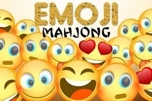Wizerunki uśmiechniętych emoji o różnych wyrazach twarzy z tekstem Emoji Mahjong powyżej
