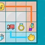 Emoji na siatce 3x3 z liniami łączącymi ikony takie jak pierścionek, diament, ciężarówka strażacka i ręka z telefonem