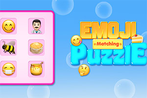 Plansza z ułożonymi emotikonami na różowym tle po lewej stronie i kolorowy napis Emoji Matching Puzzle na niebieskim tle po prawej