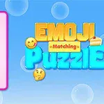 Plansza z ułożonymi emotikonami na różowym tle po lewej stronie i kolorowy napis Emoji Matching Puzzle na niebieskim tle po prawej