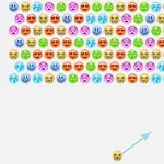 Kolorowe emotikony ułożone w rzędach na białym tle, z pojedynczą emotikoną i strzałką wskazującą kierunek na dole