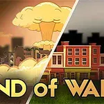 Podzielony obraz z grzybem atomowym i zniszczonym miastem po lewej oraz kolorowymi budynkami w pełni po prawej z napisem END of WAR