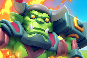 Zielony ork z kłami i rogami trzyma młot na tle płomieni