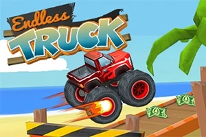 Czerwony monster truck skaczący przez rampę na plaży z palmą w tle