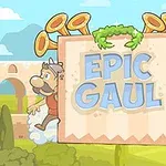 Dwóch animowanych bohaterów w hełmach stoi po obu stronach dużego napisu Epic Gaul na tle rzymskiego akweduktu i nieba