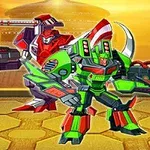 Dwóch kolorowych robotów w dynamicznej pozie na tle zachodzącego słońca