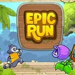 Postacie zwierząt, w tym małpa z kijem i szop pracz, stoją naprzeciwko siebie, z dużym napisem EPIC RUN w tle