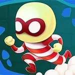 Postać w kostiumie w czerwono-białe paski biegnąca z wysiłkiem na niebieskim tle