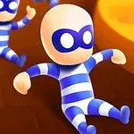 Postacie w niebiesko-białych pasiastych strojach i maskach zjeżdżające po żółtym torze