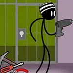 Postać z kreskówki w więziennym stroju używa wiertarki do cięcia krat, obok leży kilof