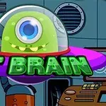 Zielony jednooki kosmita w latającym spodku w laboratorium z napisem ET BRAIN na pierwszym planie