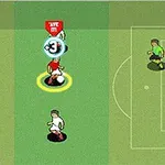 Dwóch kreskówkowych piłkarzy na boisku, zbliżających się do bramki z bramkarzem