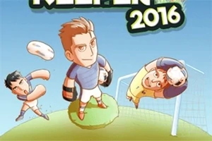 Trzej karykaturalni piłkarze z wielkimi głowami na tle bramki i trawy